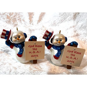 Hallmark Ornaments Patriot Snowmen Set of 2 2001 Ed Seale God Bless the USA